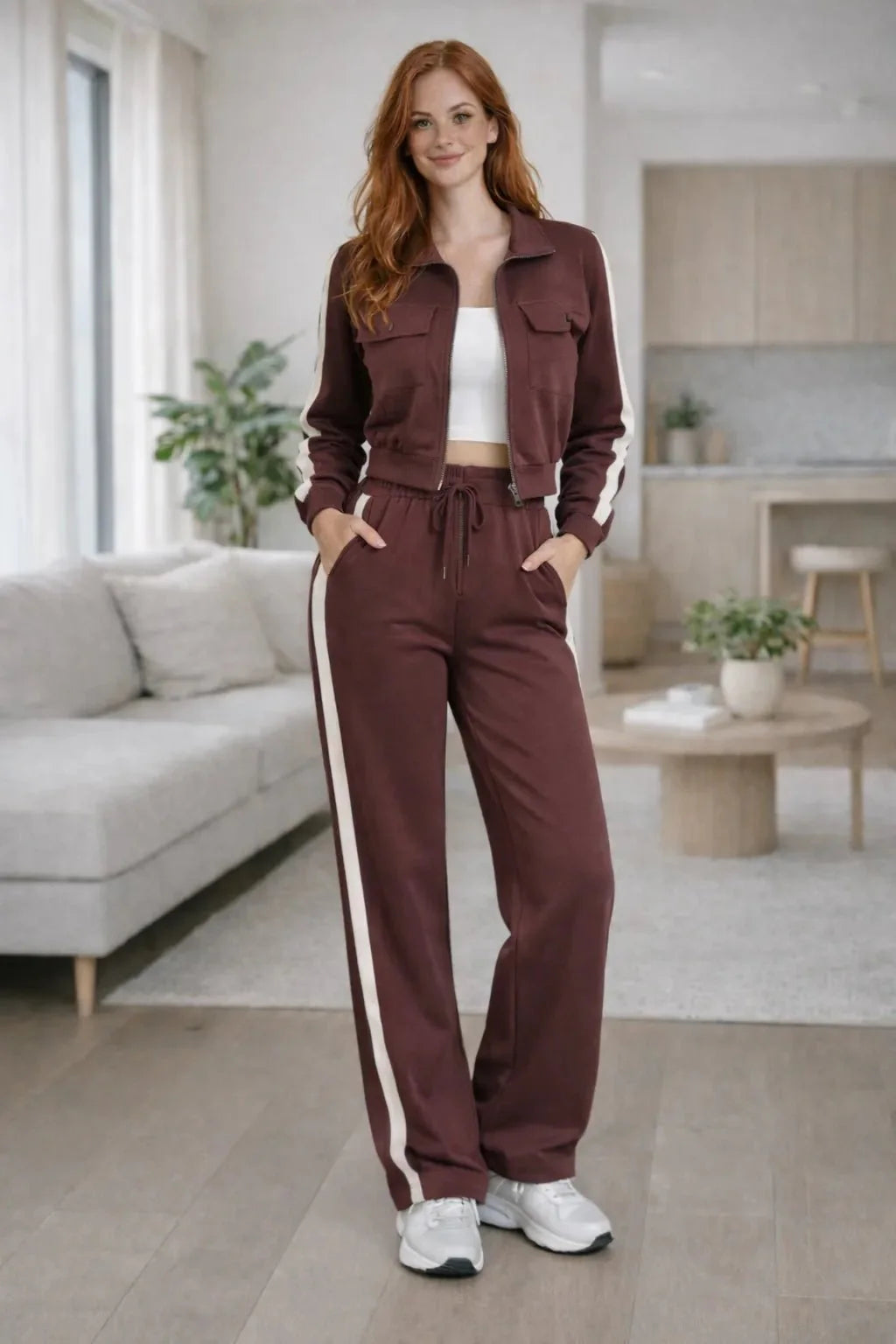 Conjunto Feminino Pantalona com Listra Lateral e Jaqueta com Zíper